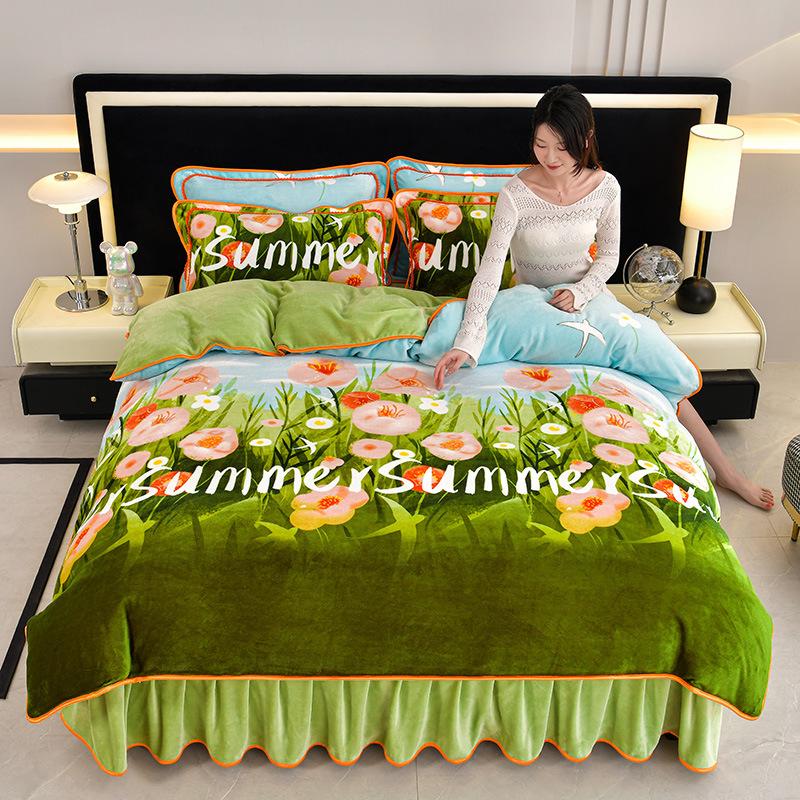 Thickened Winter Four-piece Home Set Milk Gold Mink Velvet Four-piece Set Farai Velvet Coral Velvet Bed Skirt Quilt Cover Bedding