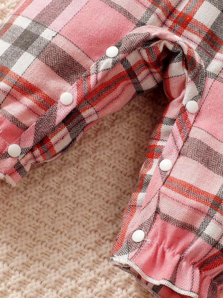 Newborn Baby Girl Spring Autumn Jumpsuit Flying Sleeves Pink Checkered Long Sleeved Jumpsuit+Headband for 0-18 Months Baby Girl