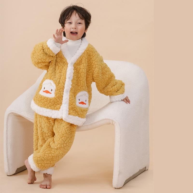 

Зимние комплекты для мальчиков и девочек, детские утепленные мягкие костюмы с героями мультфильмов, подростковая пижама с подкладкой + штаны, комплект из 2 предметов, детская одежда из бархата 160 жёлтый