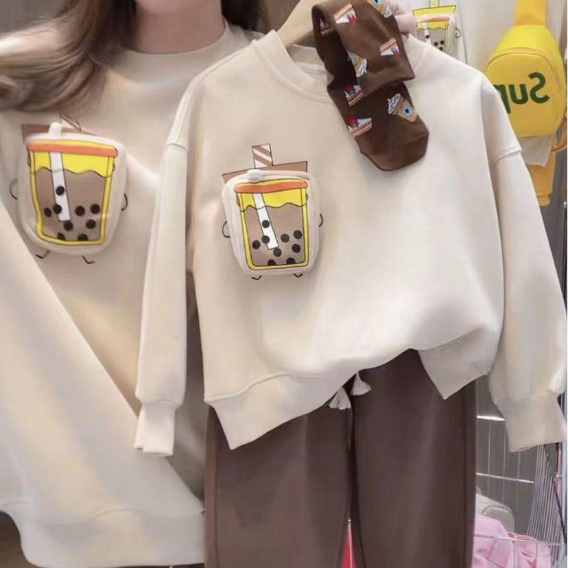 3D Milk Tea Print Family Sweatshirt Set for Fall/Winter: Matching Parent-Child Outfits for Mom-Daughter and Mom-Son