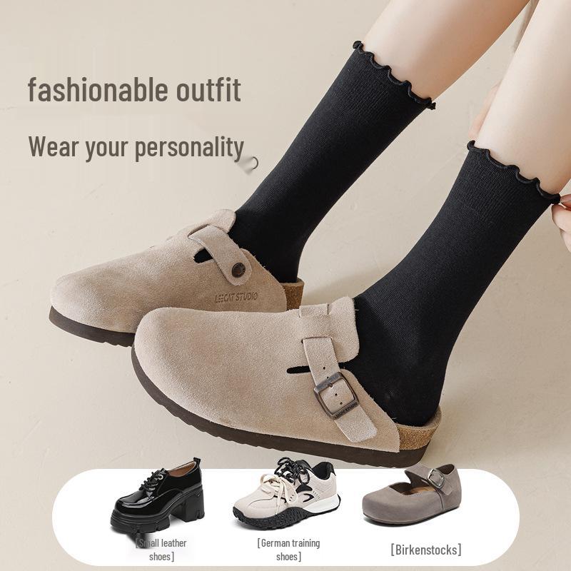 Women's Lace Ruffle Mid-Calf Socks - Spring/Fall Style, Perfect with Birkenstocks, Postpartum-Friendly, Long Socks for Autumn/Winter