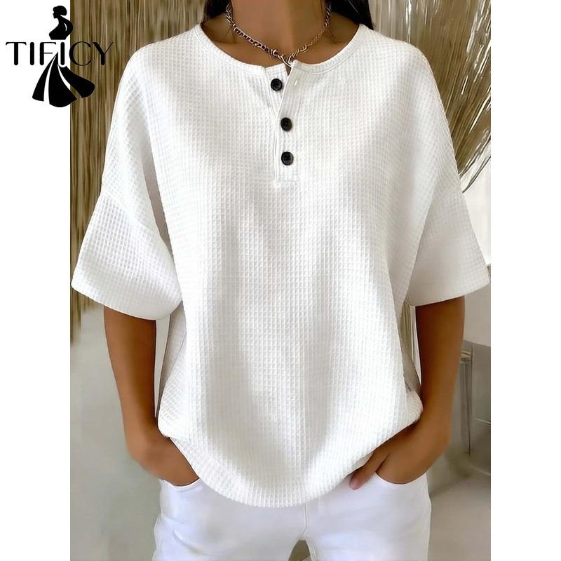 TIFICY Women's Fashion Casual Summer Spring Solid Color Print Short Sleeve O-Neck Blouses & Shirts