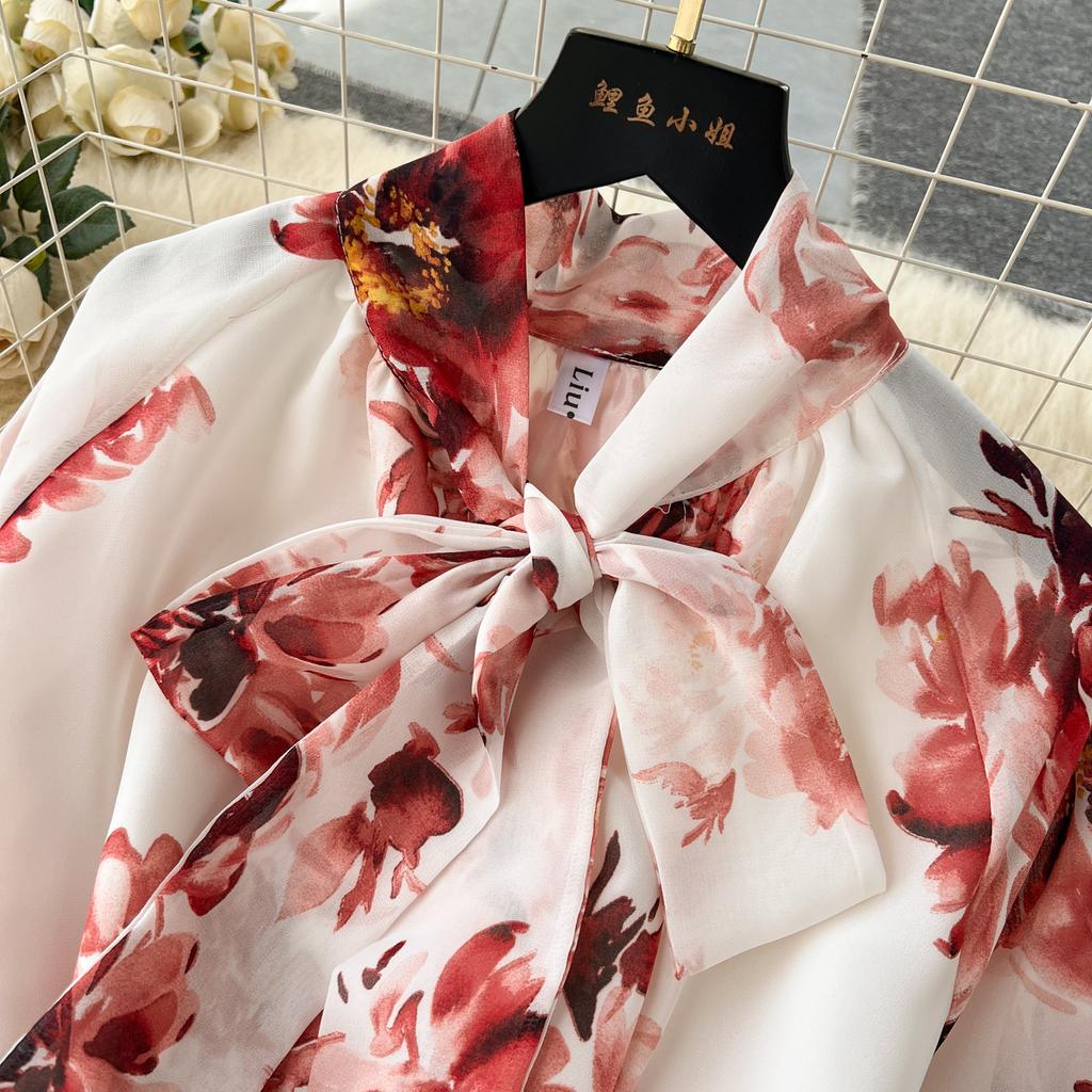 Women Elegant Vintage Mid Dress Bow Neck Retro Flower Print Long Sleeve Dresses with Belt