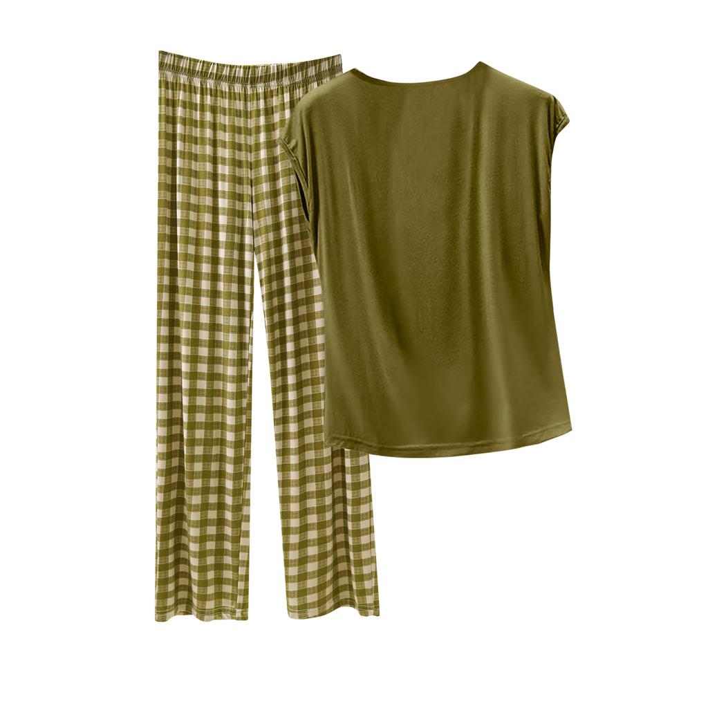 Ladies' Casual And Comfortable Round Neck Solid Color Top With Checkered Printed Pants Plus Size Set