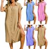 Women Cotton Shirt Dress Summer Short Sleeve Button Down Midi Dress Side Slit Casual Beach Vacation Sundress