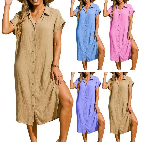 Women Cotton Shirt Dress Summer Short Sleeve Button Down Midi Dress Side Slit Casual Beach Vacation Sundress