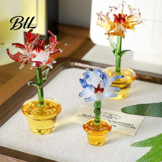 Small Potted Plant Decor Handcraft Glass Flowers Figurines Hand Blown Mini Flower Handmade Ornament Collectible Floral Gifts for Mother's Day Birthday
