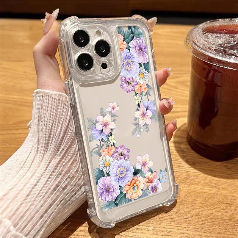Floral Print Clear Slim Shockproof Case For iPhone 16 Pro 16E 15 Pro Max 14 13 12 11 Anti-Fall Soft Silicone Transparent Phone Cover