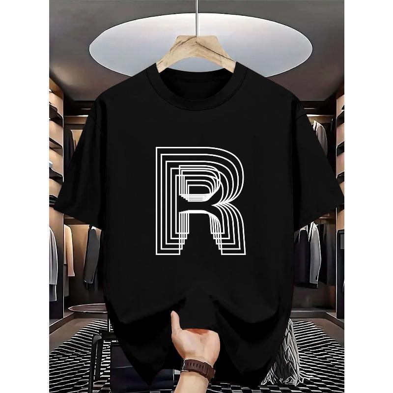 European sizes Men'S Casual Summer T-Shirt with Geometric "R" Print - Soft, Breathable, Round Neck, Perfect for Gym
