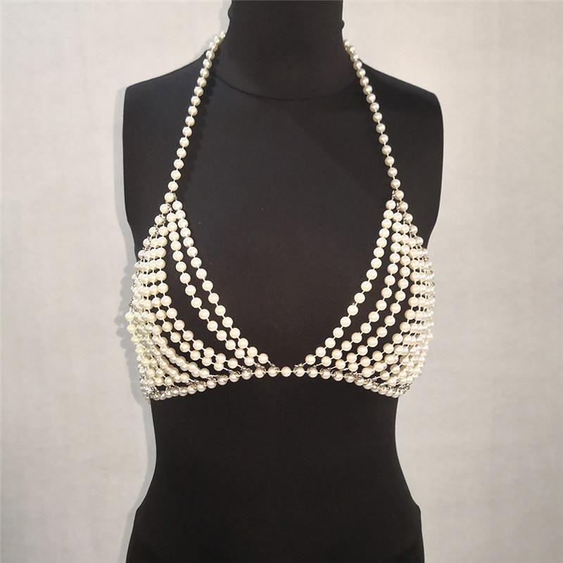 Female Pearl Waist Chain Bra Top for Party Nightclub Sexy Pearl Beaded Body Chain Bralette