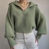 Women Knitting Tops Lapel V-Neck Long Sleeve Solid Color Sweater Loose Fit Warm