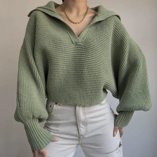 Women Knitting Tops Lapel V-Neck Long Sleeve Solid Color Sweater Loose Fit Warm
