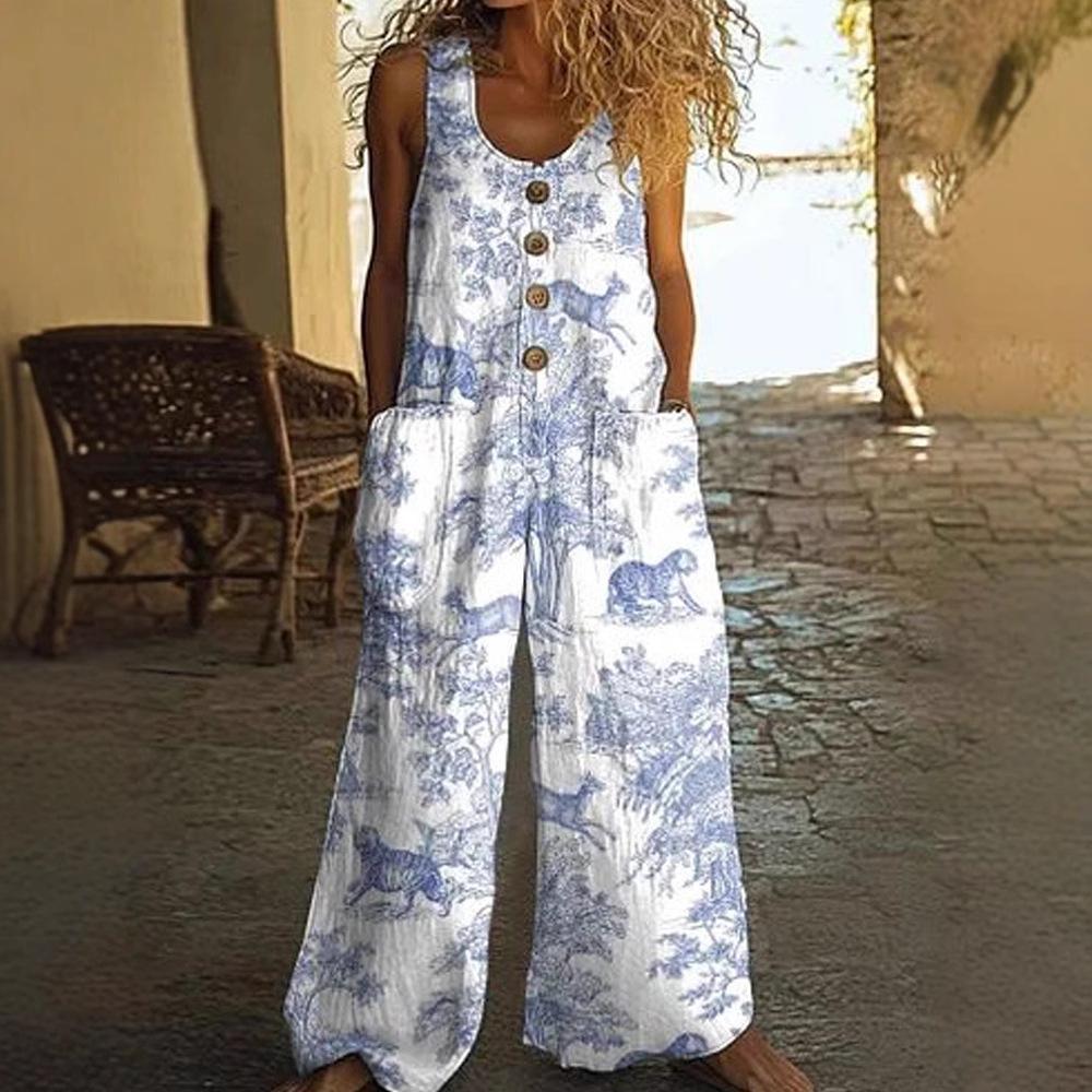 Damen Ärmelloser Jumpsuit mit Blumenmuster, Knopfleiste vorne und Seitentaschen