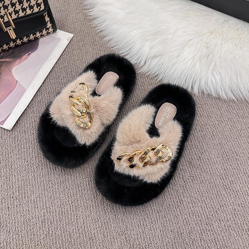 European Mao Mao Slippers Women Wear High Sense 2025 New Spring and Summer Internet Celebrity Flat Bottom Chain Home Plush Slippers
