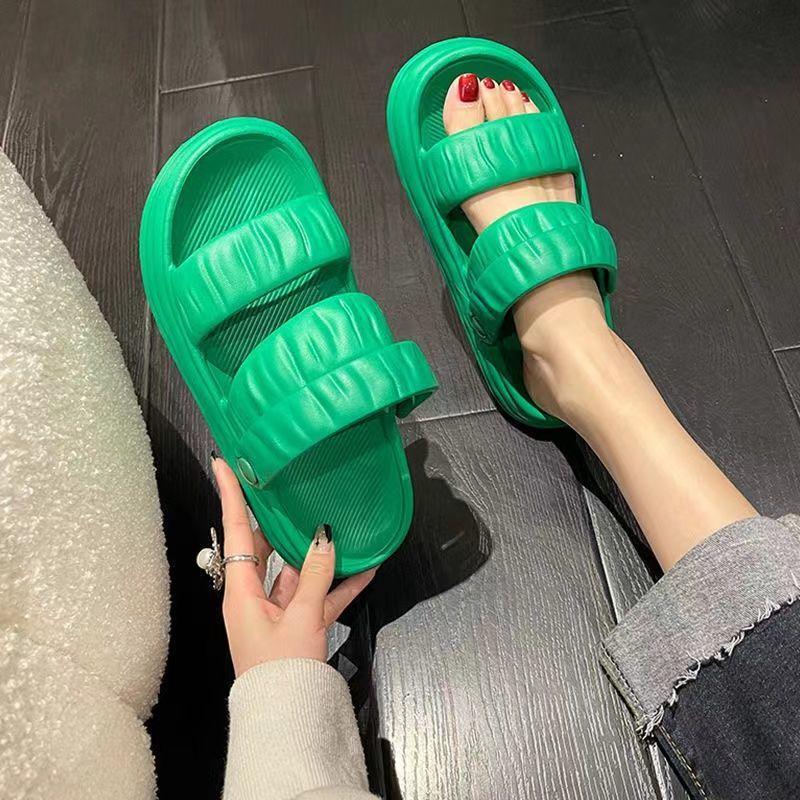 Woman Slippers Round Toe Summer Open Low Heel Indoor Sandals Outside Slides Green Height Shoes for Women 2024 New Fashion B Sale