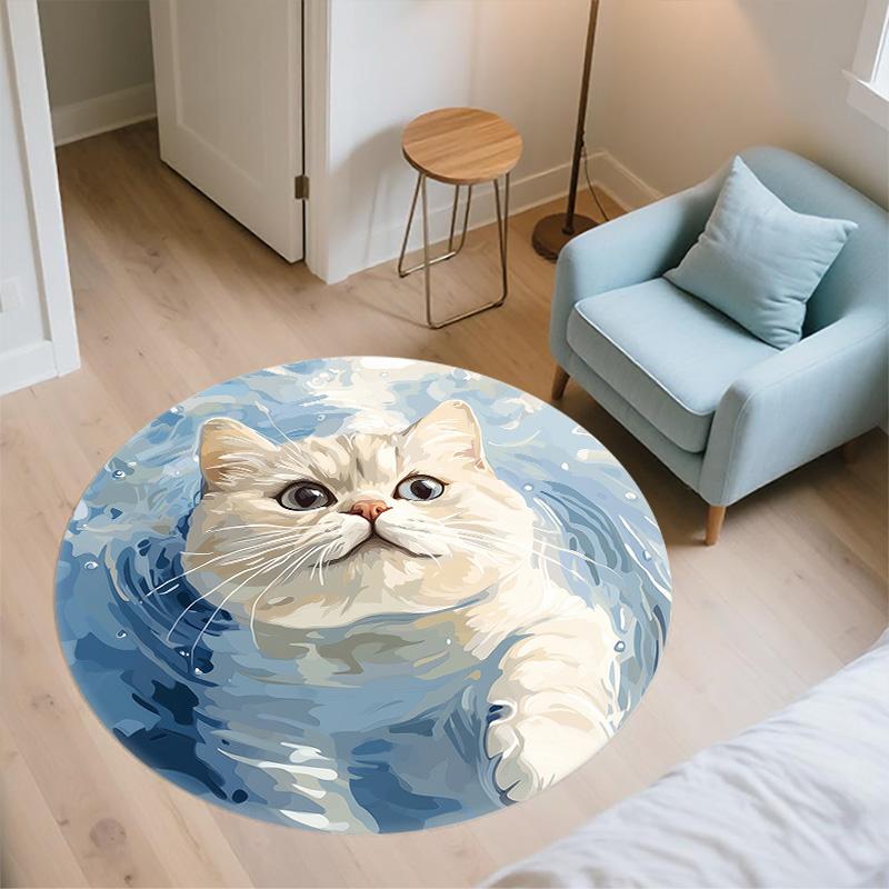Water Ripple Cat,Round Area Rug,Carpet Rug for Living Room Bedroom Sofa Playroom Decor,Non-slip Floor Mat