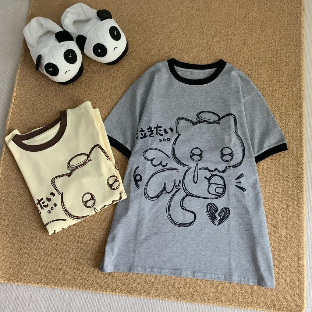 Cat Print Cute Women Tshirts Summer Tees Japanese Kawaii Oversized Tops Girls Harajuku Short Sleeve O-neck T-shirt