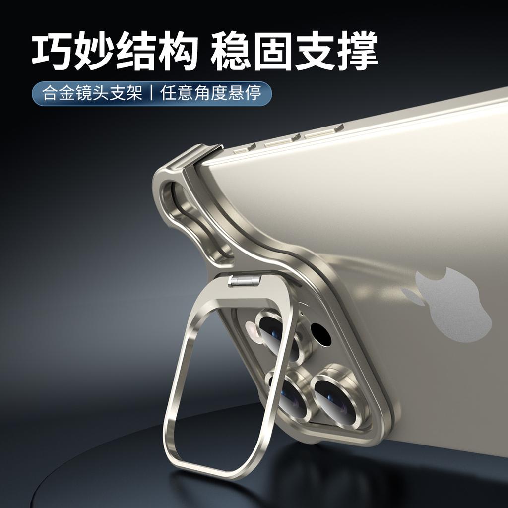 Custodia per Telefono con Supporto e Protezione Lente Senza Cornice in Lega di Alluminio Metallico Unica per iPhone 16 15 14 Pro Max con Copertura Pellicola Protettiva Lente
