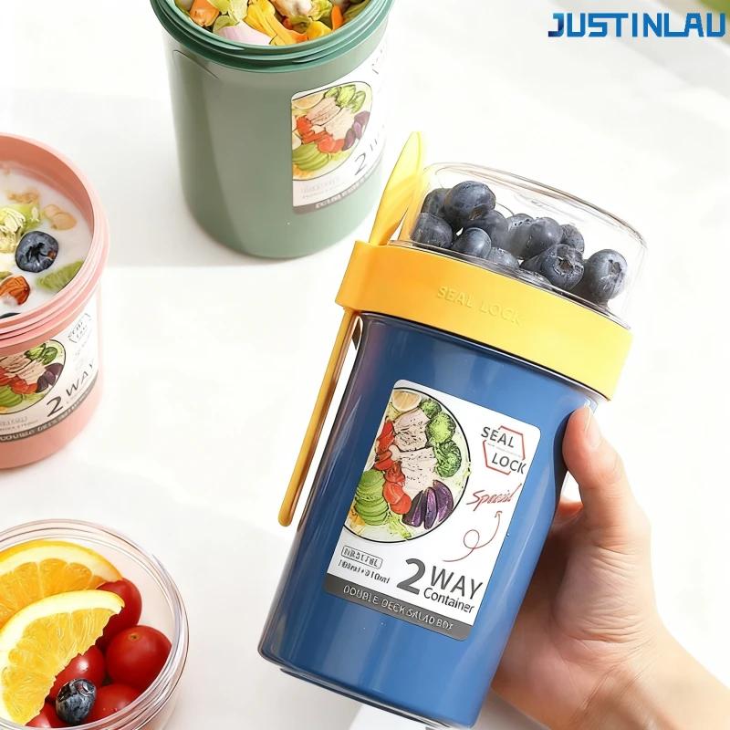  790ml/990ml Salad Oatmeal Cup Breakfast Double Cup Cereal Nut Yogurt Container Set With Dressing Holder Fork