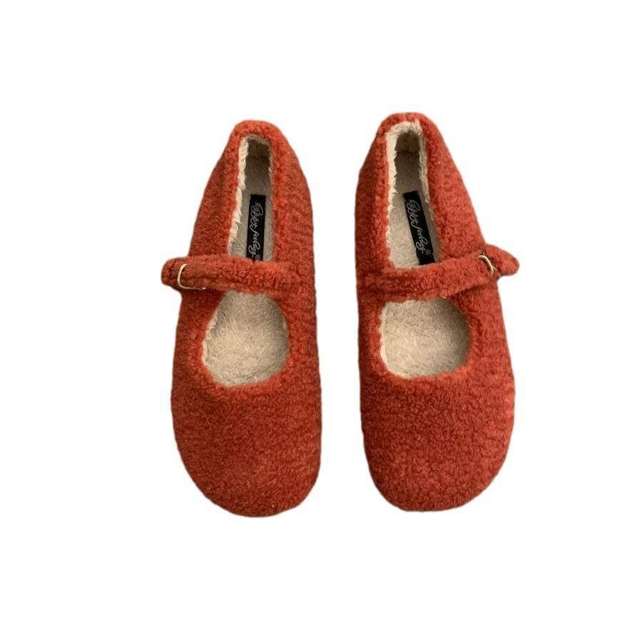 Fashion Fashion Round Toe Wool Ballet Flats Woman Concise Warm Plush Loafers Ladies Brand Design Fluffy Mary Jane Shoes In Red Grey