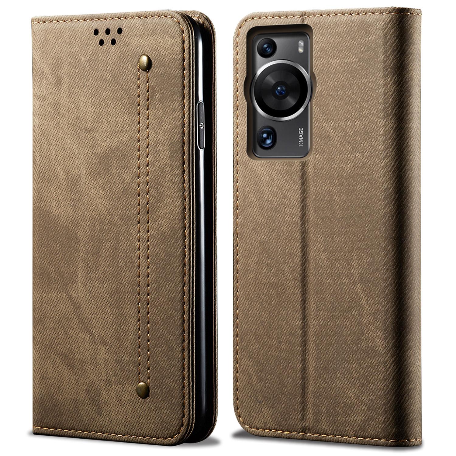 

For Huawei P60 Pro/P60 Cell Phone Case PU Leather Jeans Cloth Texture Wallet Stand Phone Cover Khaki