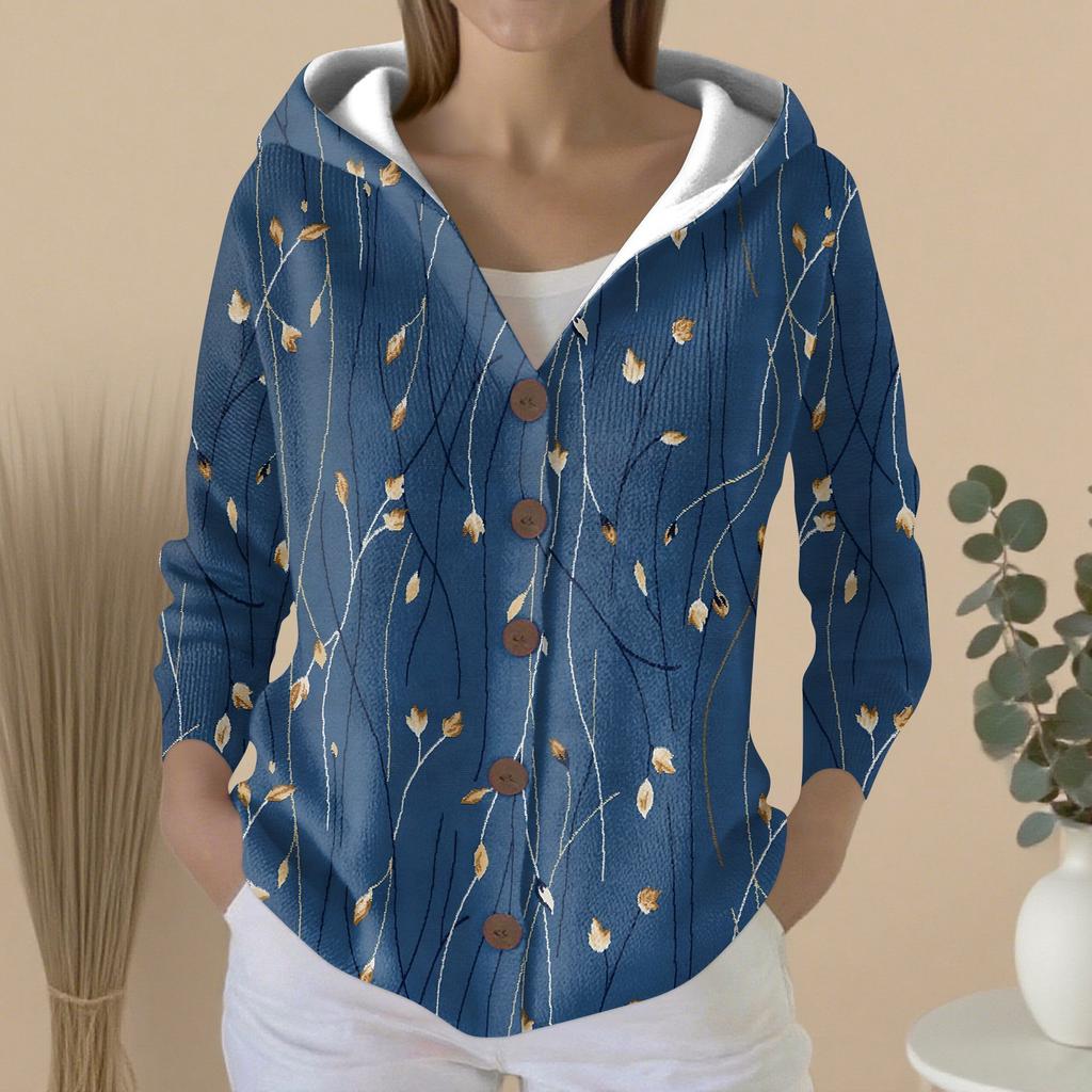Women's Fashion Casual Sweater Button-Up Print Cardigan  Hooded Jacket