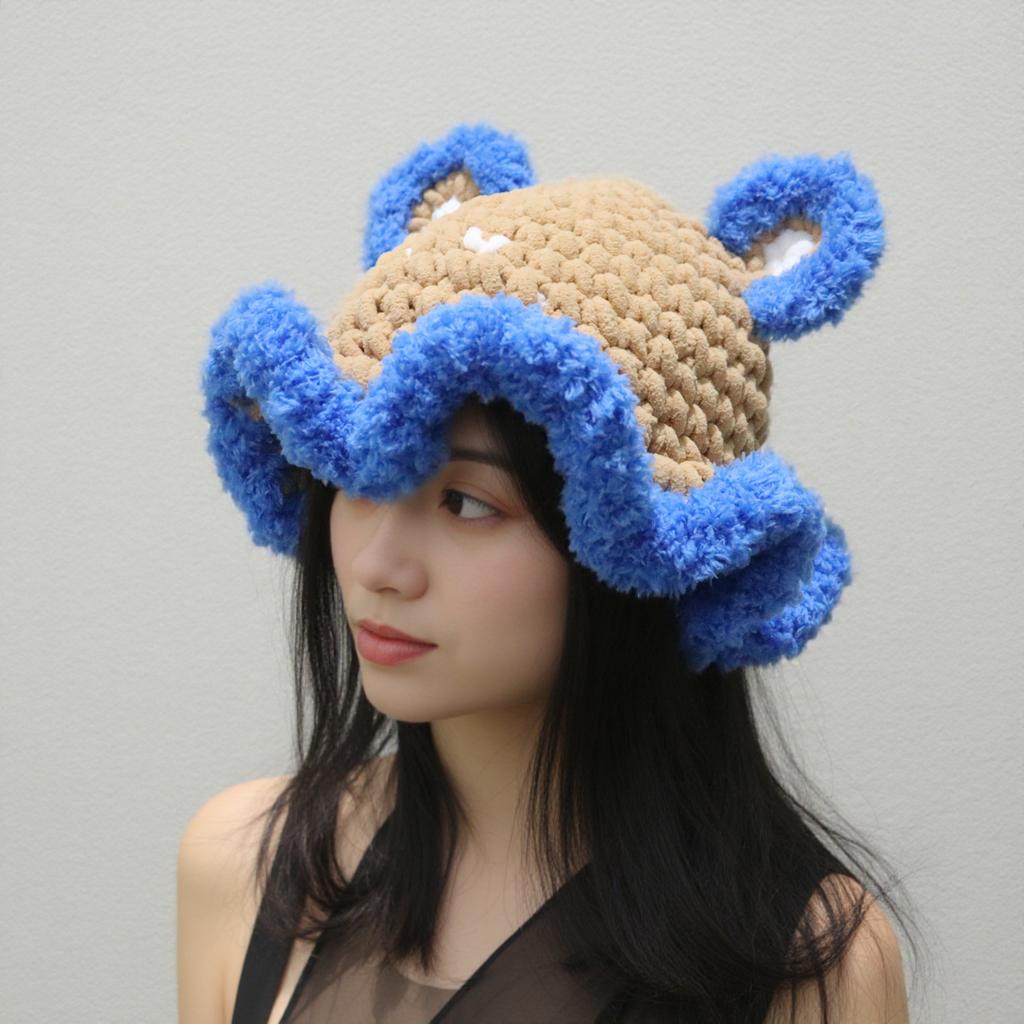 New Handcrocheted Thick Thread Bucket Hat Wavy Edge Plush Hat Contrasting Color Bear Ears Japan and Korea Cute Hat