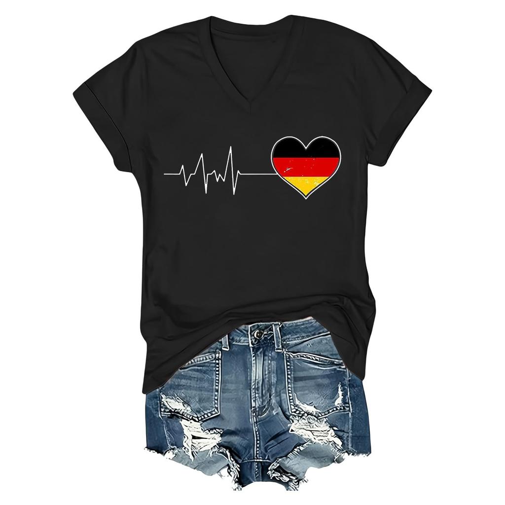 Damen Freizeit V-Ausschnitt Kurzarm T-Shirt Herzschlaglinie Deutschlandflagge Grafik T-Shirt Oberteil Weich Leicht Sommerbluse