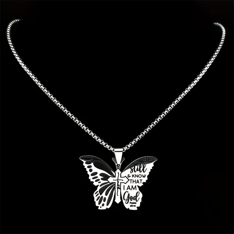 Butterfly Cross Scripture Pendant Necklace, Fashionable Stainless Steel Silvery Necklace, Jewelry Gift
