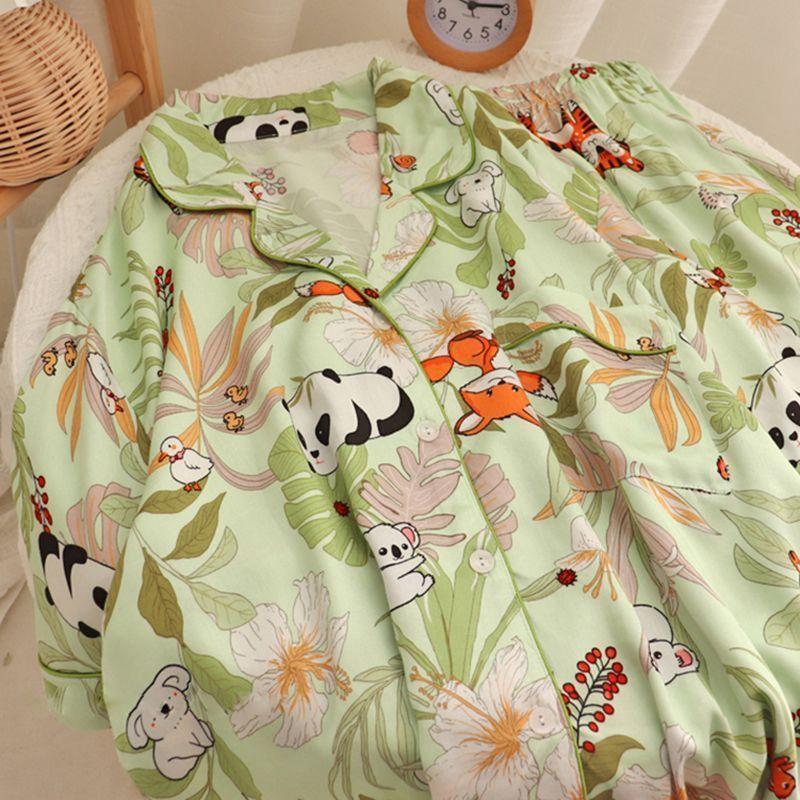 Silk Pajamas Women's Long Sleeve Cardigan Long Pants Pajamas Set Printed Kawaii Clothes Home Clothes