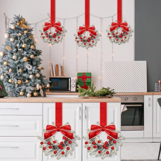 6 Pcs 6 Inch Christmas Mini Cabinet Wreaths Small Artificial Cedar Wreath with Ribbon Bow Pinecone Berry for Front Door Window Farmhouse Home