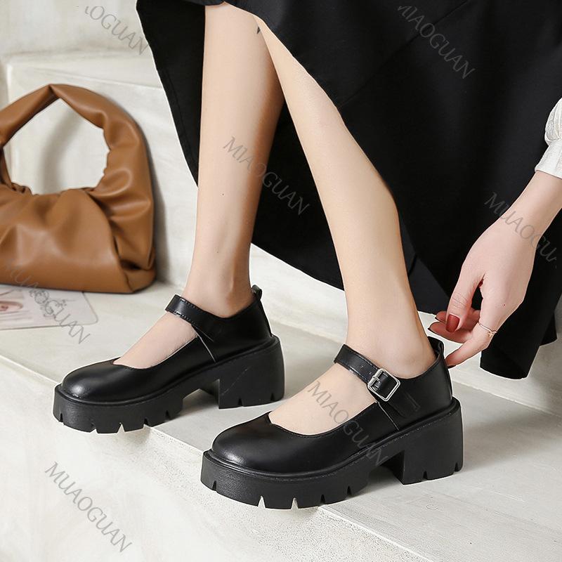 Fashion Round Head Mary Jane Shoes Women Thick High Heeled Japanese College Style Pumps Single Shoe Platform Retro Leather Black Loafers
