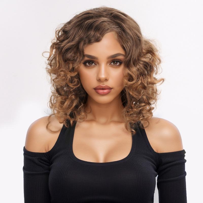 

Синтетический парик с коричневыми прядями, афро-кудрявый парик с челкой, натуральный пушистый парик средней длины для чернокожих женщин, для повседневной носки, косплея, вечеринок 15 inch