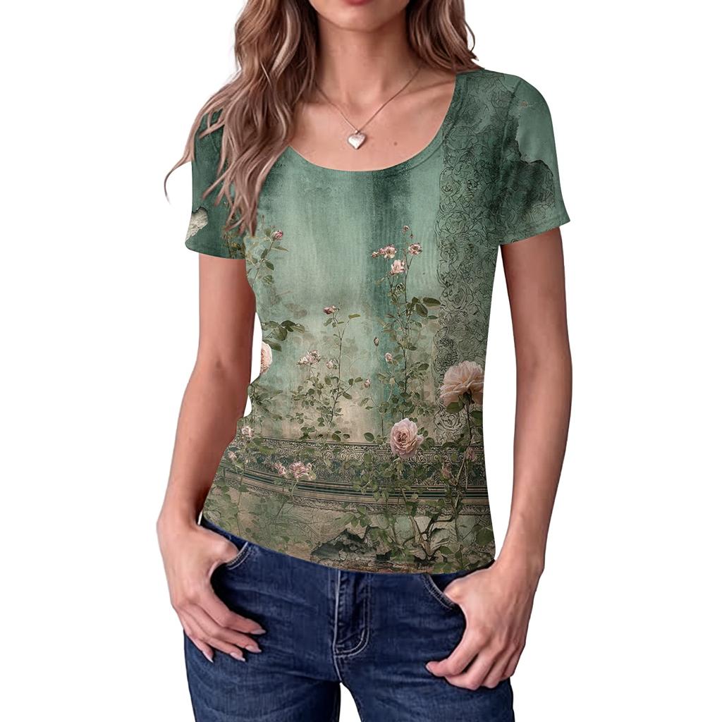 Women Slim Fit Square Neck Vintage Floral Print Short Sleeve Top Stretchy Ribbed Knit Fabric Casual Summer Shirt