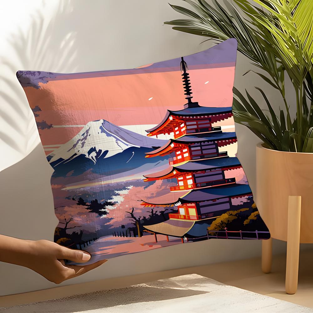 Retro Japanese Pagoda Landscape 1 Pillow Case Linen Cushion Covers For Decorative Sofa Home Pillows Case Car Chair Pillows Cases
