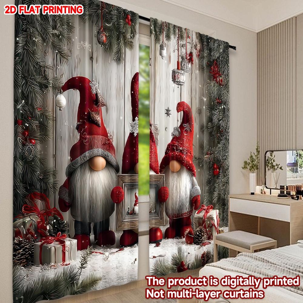 Set Of 2 Flat Printing Fashionable Christmas Curtains Gnomes Gifts Digital Printed Polyester Drapes Family Party Curtain Made