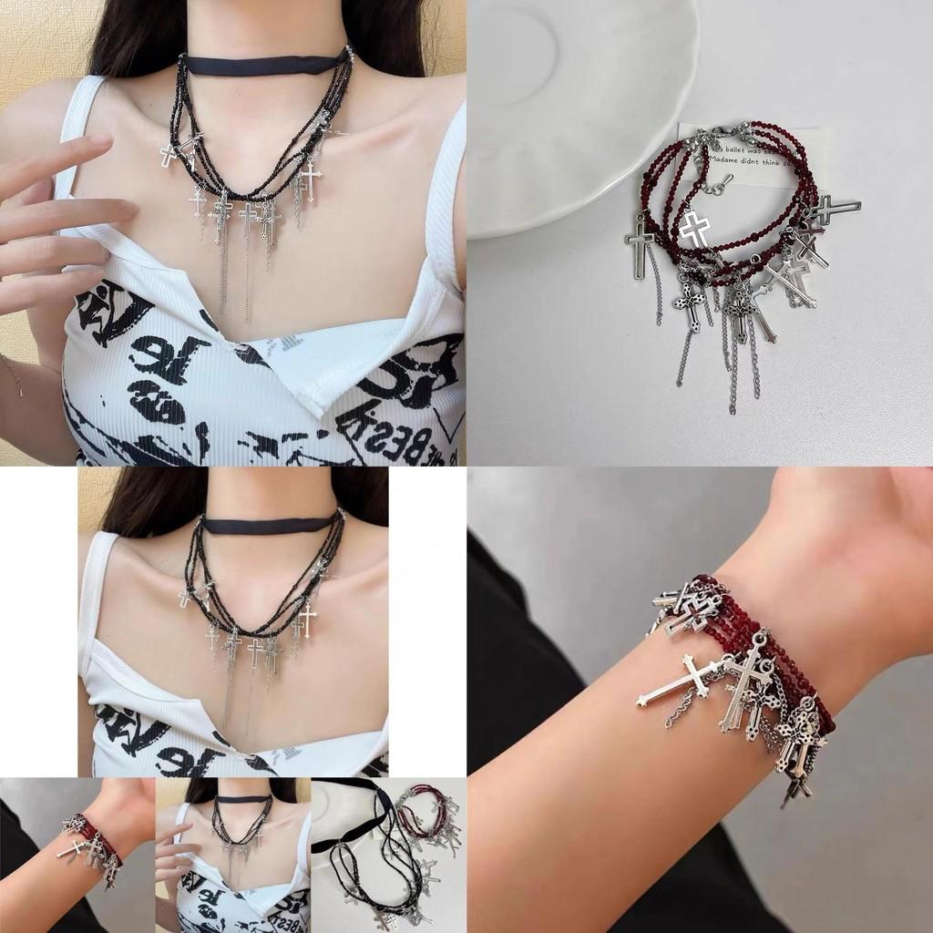 Gothic Cross Layered Necklace Trendy Tassel Choker For Summer Gift Alloy Plated