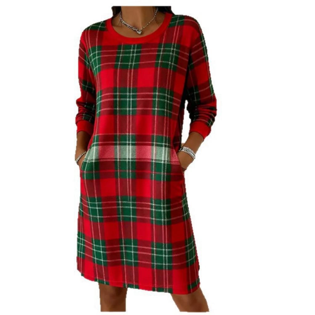 Christmas Plaid Round Neck Long Sleeve Dress, Elegant Vintage Style, Hot Selling European & American Fashion Dress