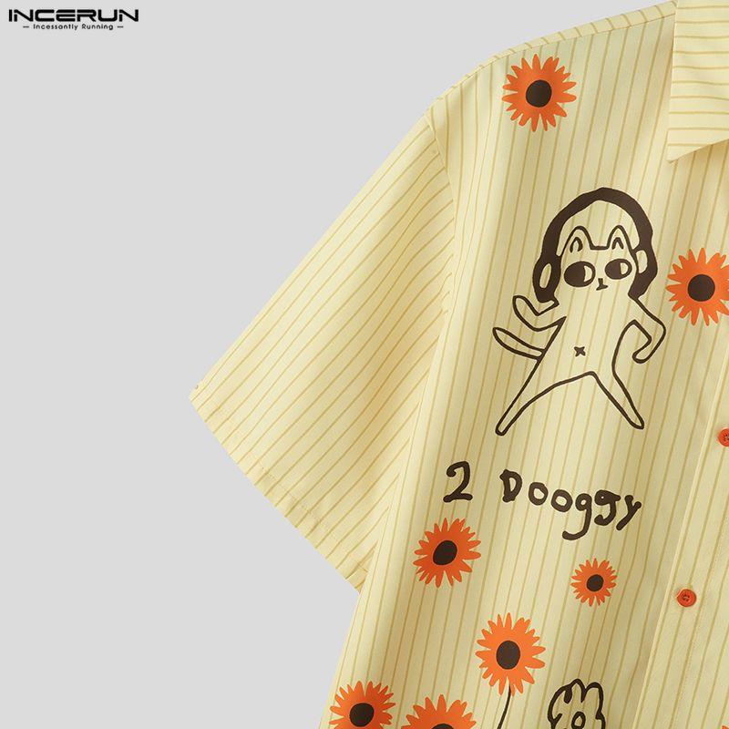 INCERUN Oversized Men Lapel Neck Short Sleeve Cartoon Print Casual Loose Shirts