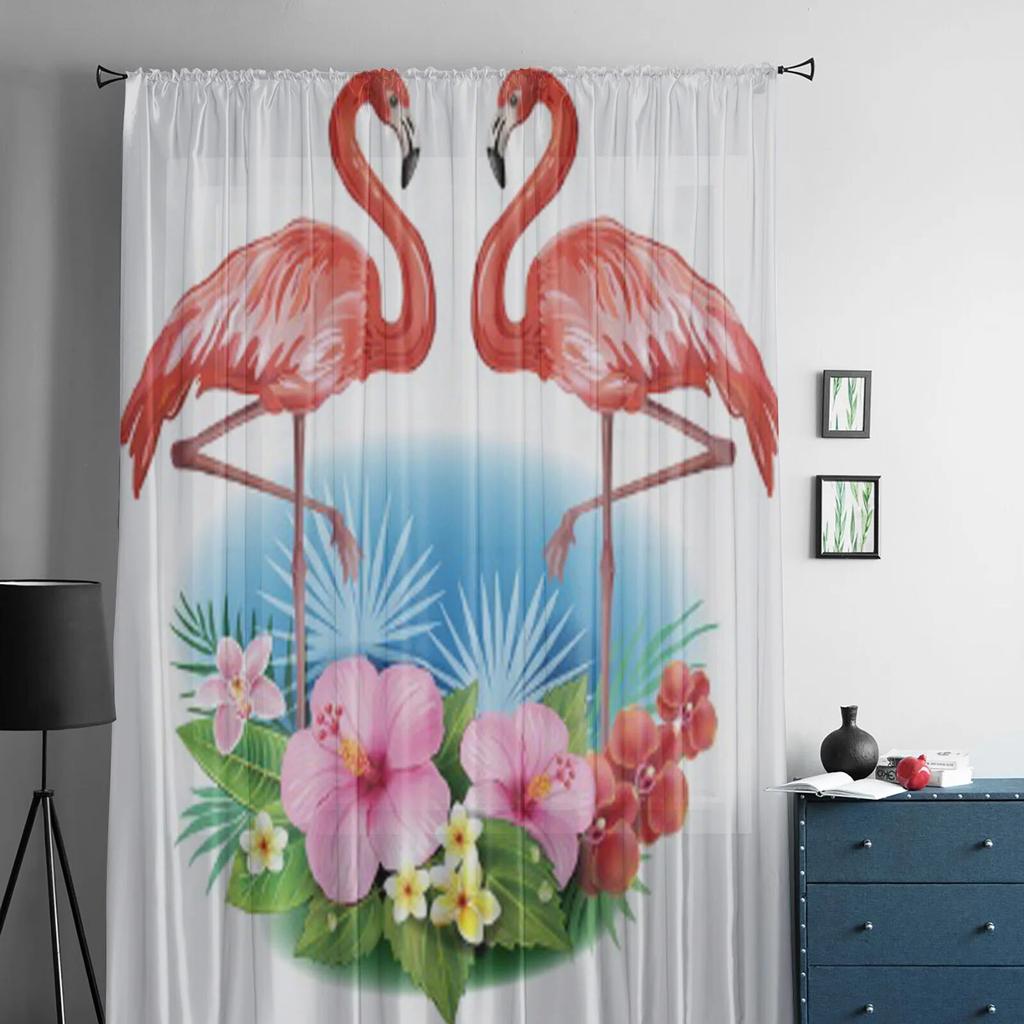 Tropical Flowers And Flamingo Tulle Curtain For Living Room Sheer Valance Curtain For Kitchen Bedroom Window Drapes