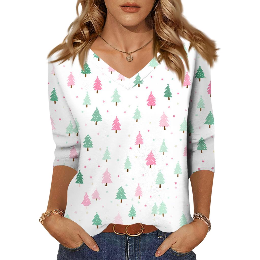 Women's Tops Three-quarter Sleeve Shirt V-neck Loose Casual Shirt Print T-shirt