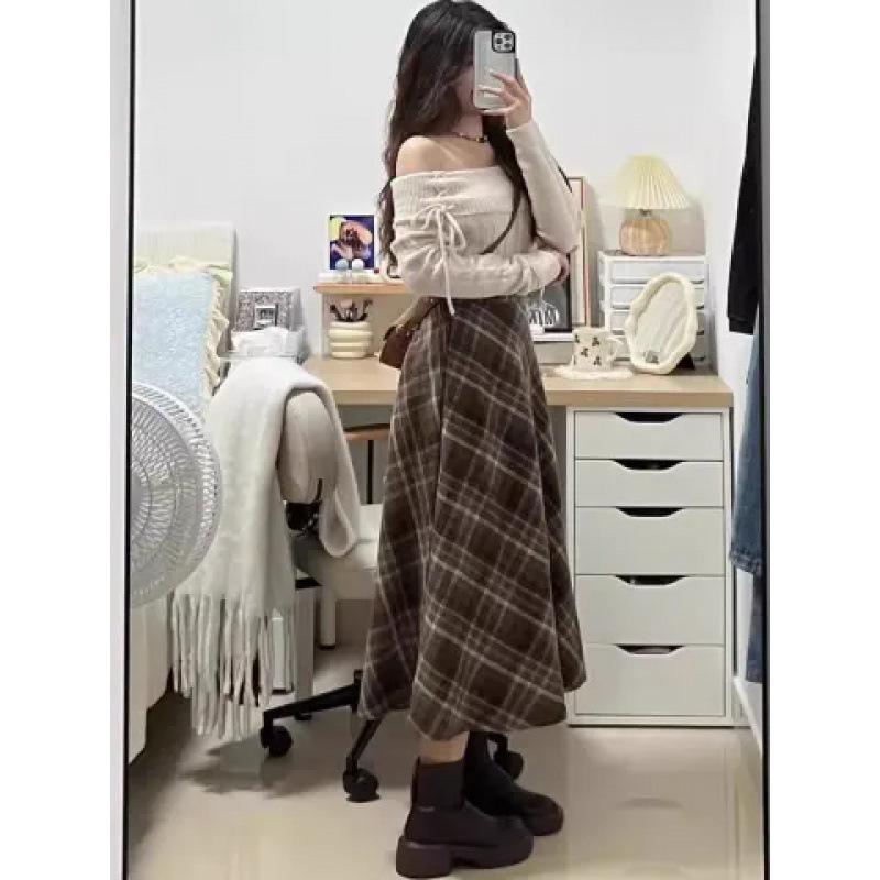 

Woolen Elastic Waist Zipper Pleated Retro A-Line Mid-Length Hip-Hugging Skirt for Spring, Autumn, Winter L кофейный