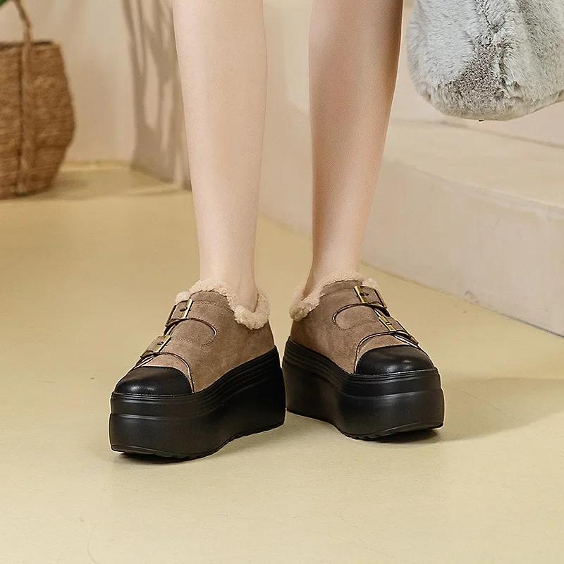 Mode 8CM Neue Wildleder Echtleder Damen Winterschuhe Plüschfell Damen Stiefeletten Plateau Keilabsatz Plateaukeil Lässige Mode Stiefel