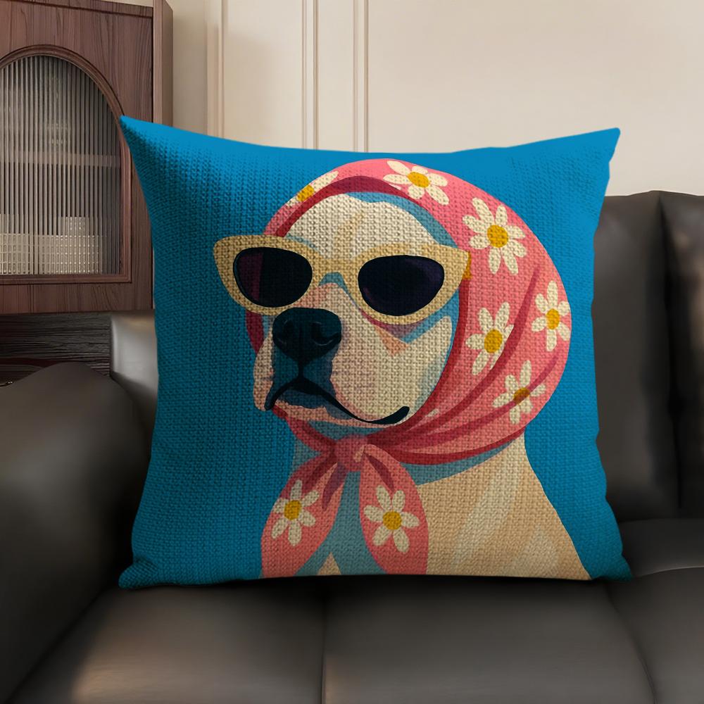 Dog Wearing A Hat Cushion Cover Summer Breathable Linen Organic Fabric Double-Sided Printing Sofa Pillow Case Home Decor