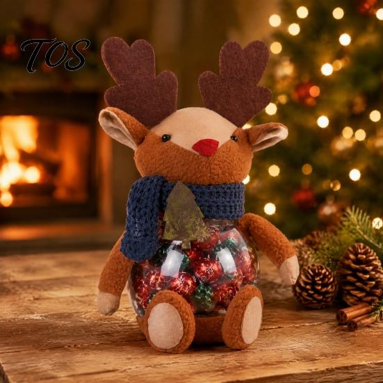 Decorative Treat Holder Christmas Candy Jar, 3D Plush Reindeer Bear Clear Container Seasonal Gift Packaging with Scarf, Holiday Snack Storage Box for