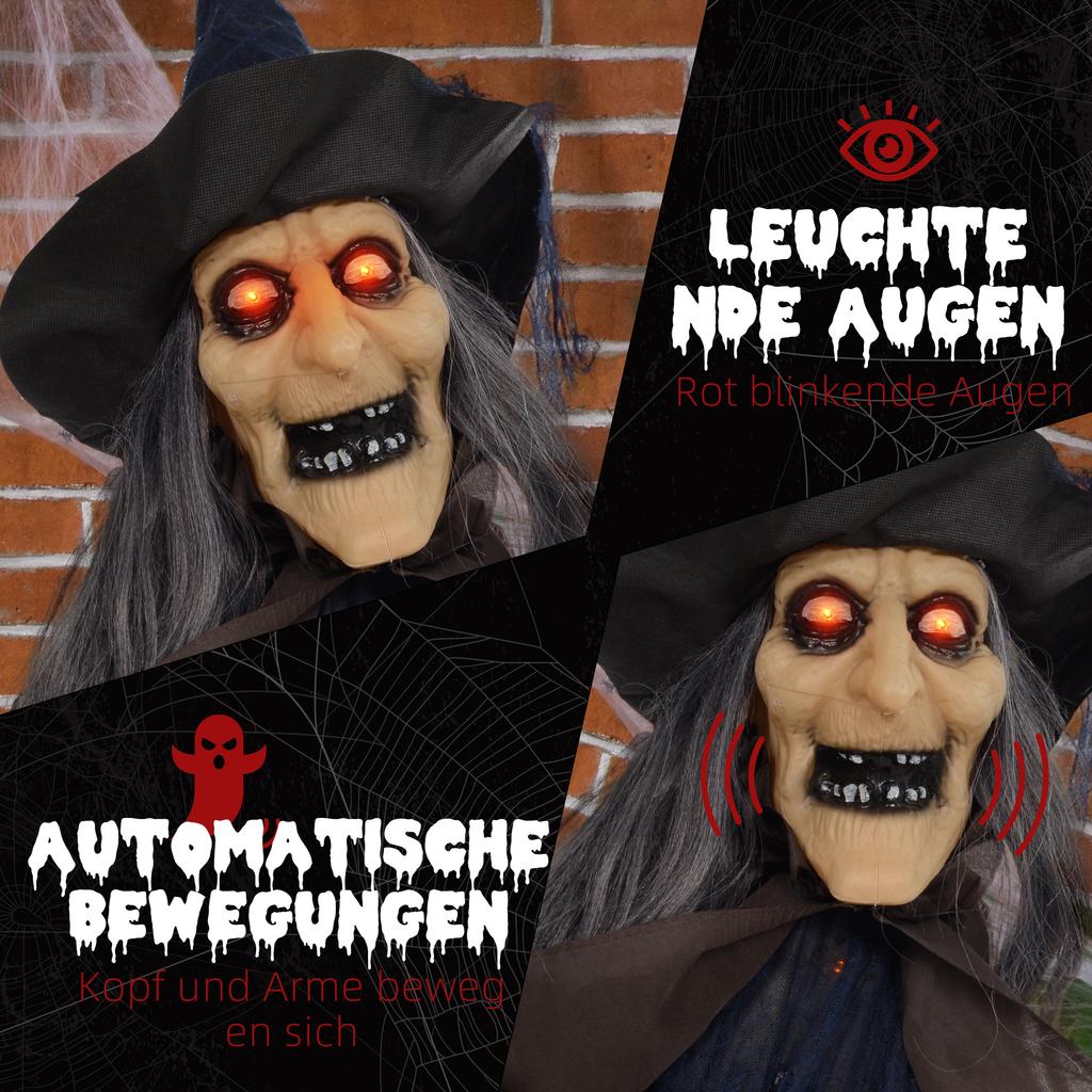 Bruxa de 1,88m com Vassoura Halloween Animatrônica, com Olhos Brilhantes