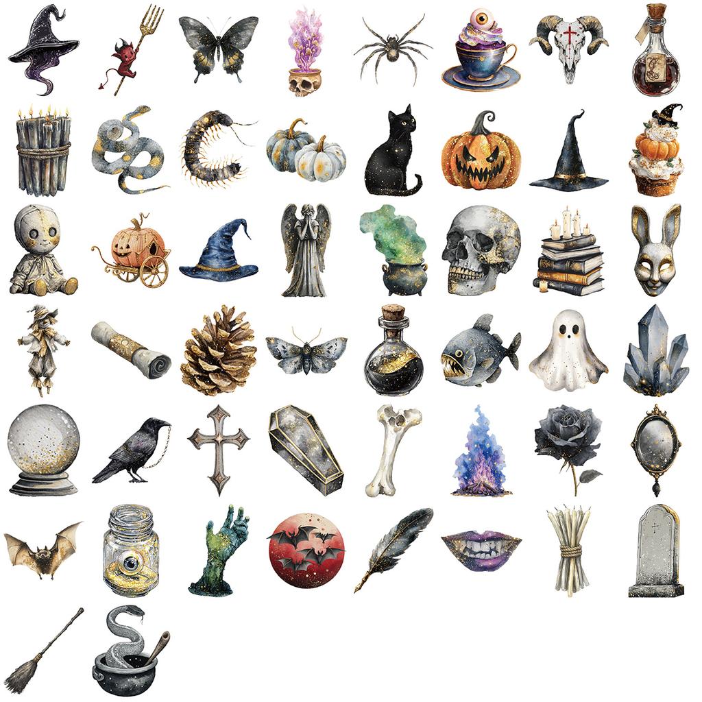 50 Transparent Cartoon Retro Magic Watercolor Sticker Pack Waterproof Transparent PET Hand Account Decorative Guitar Notebook