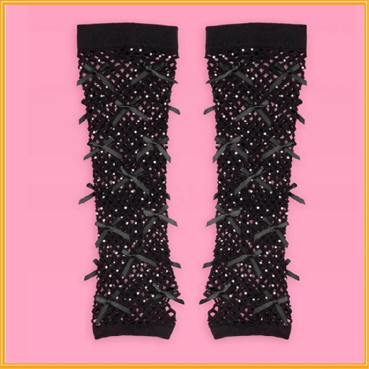 Fashionable Fingerless Mesh Gloves Arm Sleeves with Rhinestones for Women Teens Vintage Styles Holiday Gathering Props