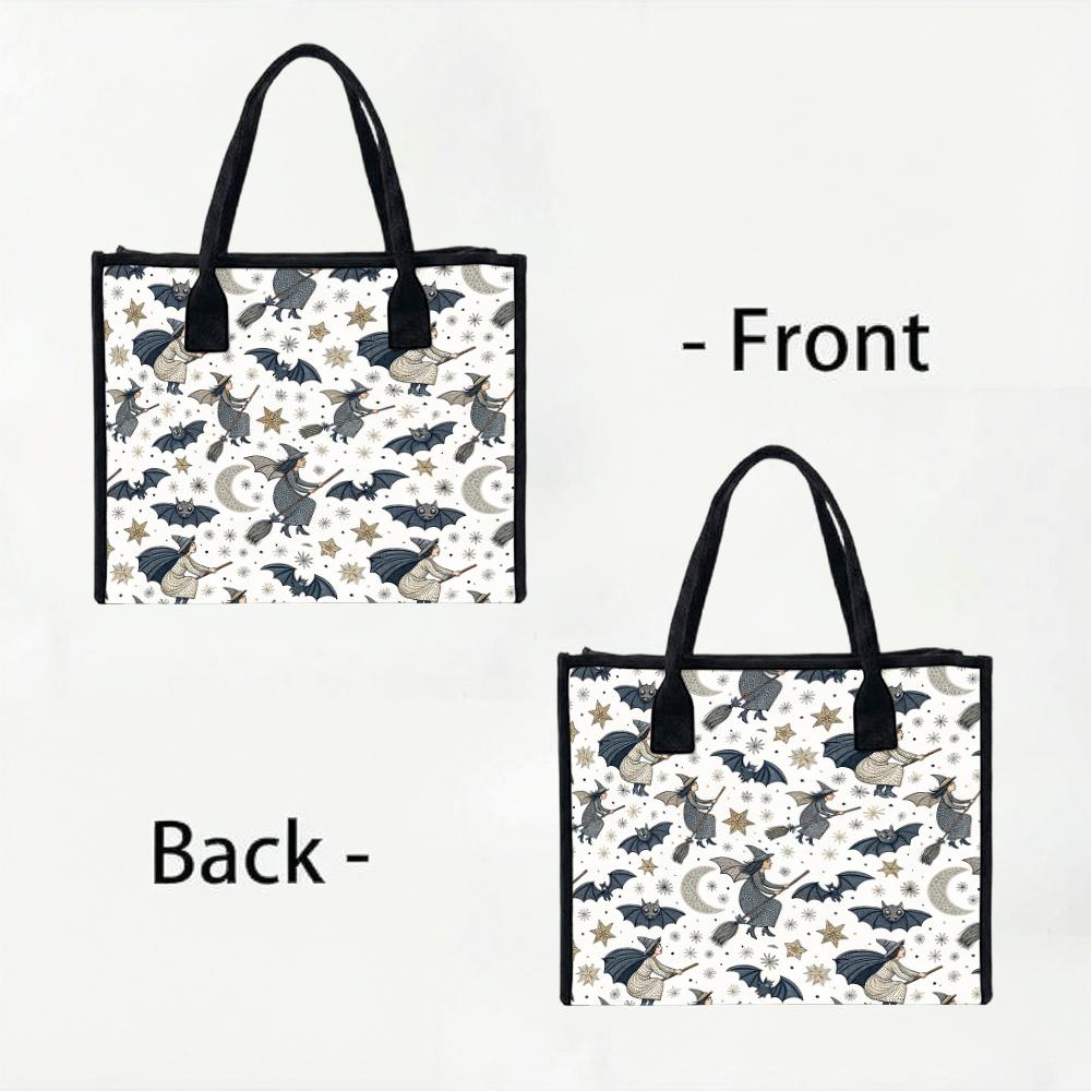 Halloween Witch Bat Print Canvas Tote Bag Portable Daily Shopping Shoulder Handbag