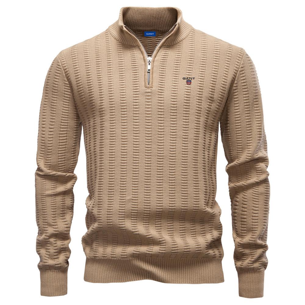 Gant 2025 Herbst und Winter Stickerei Neuer gestreifter Jacquard Herren Übergröße Pullover, Halber Reißverschluss Stehkragen Business-Pullover